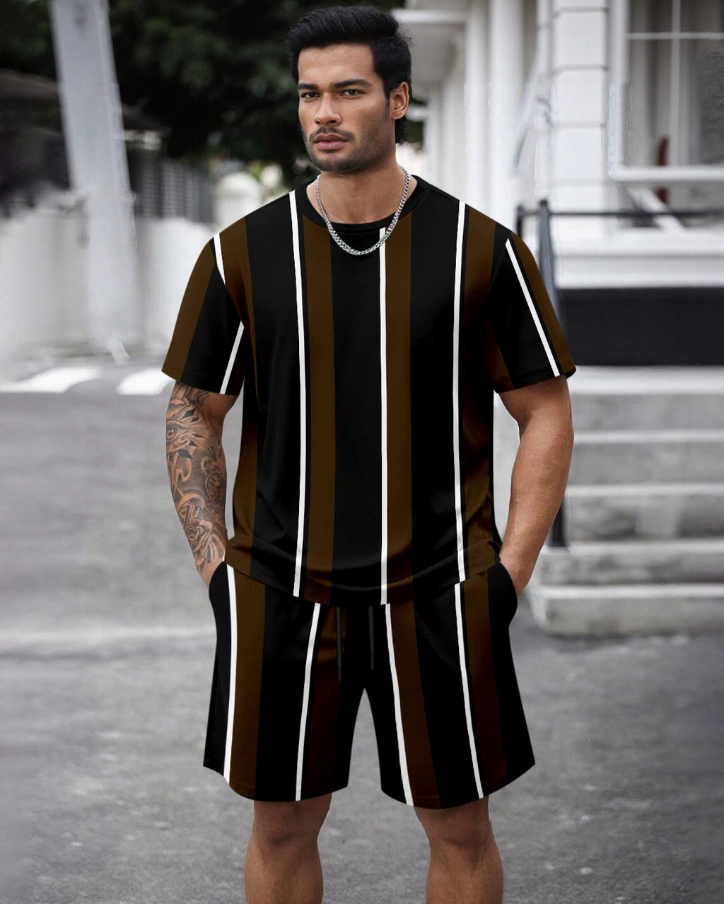Men's Summer Colorblock Printed Round Neck Set 460