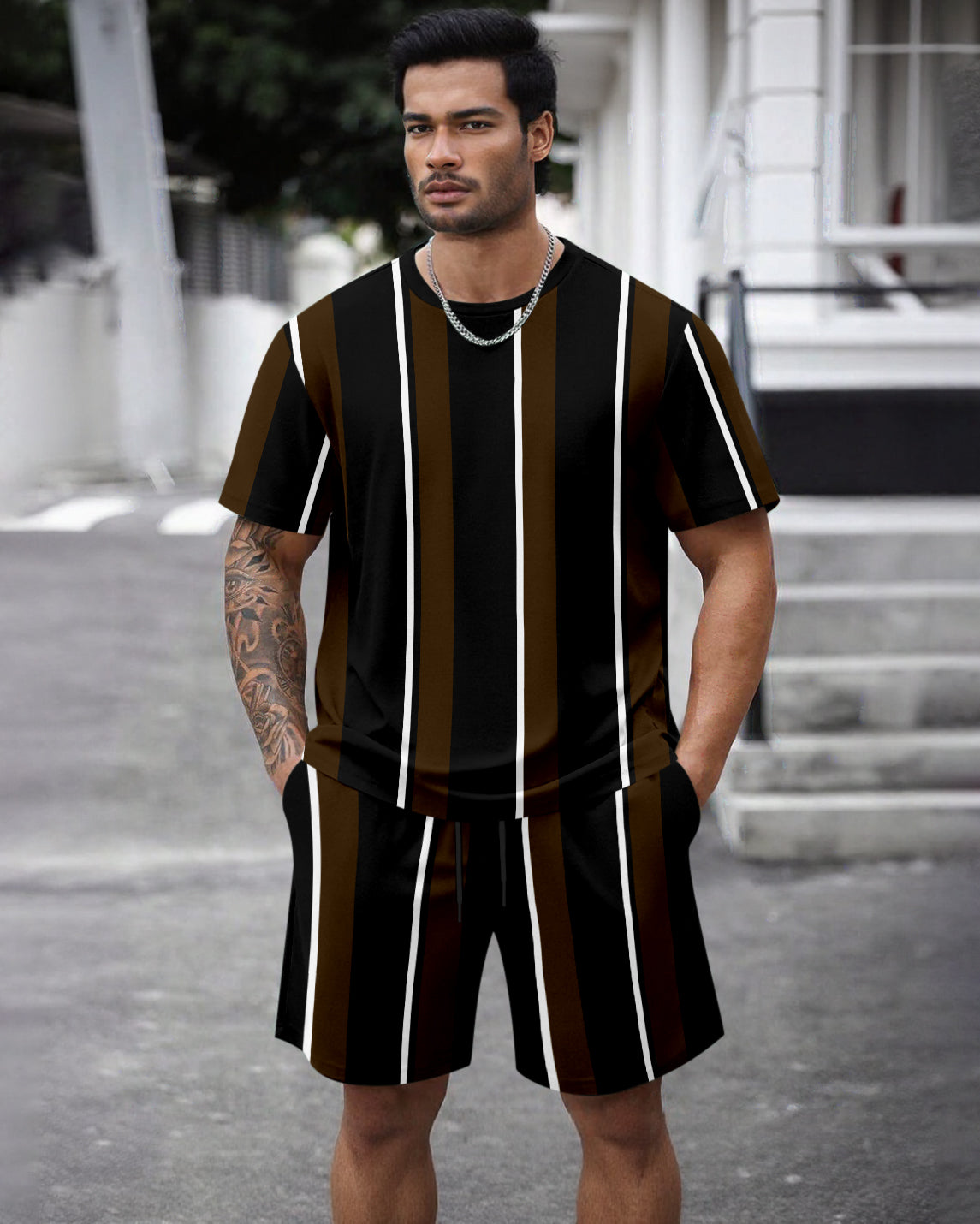 Men's Summer Colorblock Printed Round Neck Set 460