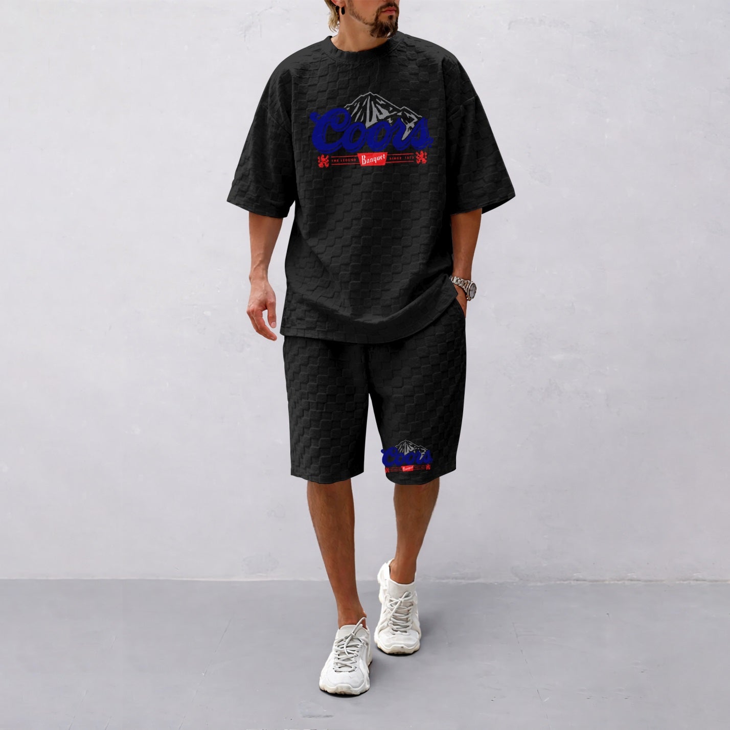 Men's Spring And Summer Vintage Beer Print With Red And Black Line Checkered Fabric Drawstring Shorts Set, Casual Summer Outfit With Short-Sleeved Shirt And Shorts, Ideal For Everyday Wear And Sports Activities