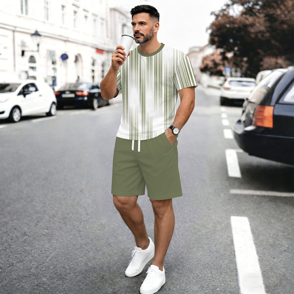 Men’s Summer 2 Piece Set, Vertical Stripe Print Short Sleeve T Shirt and Drawstring Shorts Matching Outfit, Lightweight Breathable Casual Set for Beach, Vacation, Gym, Travel, Running, and Daily Wear