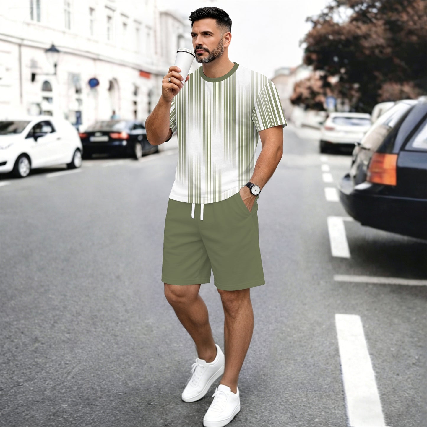 Men’s Summer 2 Piece Set, Vertical Stripe Print Short Sleeve T Shirt and Drawstring Shorts Matching Outfit, Lightweight Breathable Casual Set for Beach, Vacation, Gym, Travel, Running, and Daily Wear