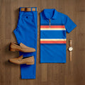 Men's Casual Blue Color Matching Striped Printed Short Sleeved Polo Shirt & Trousers Two-Piece Set