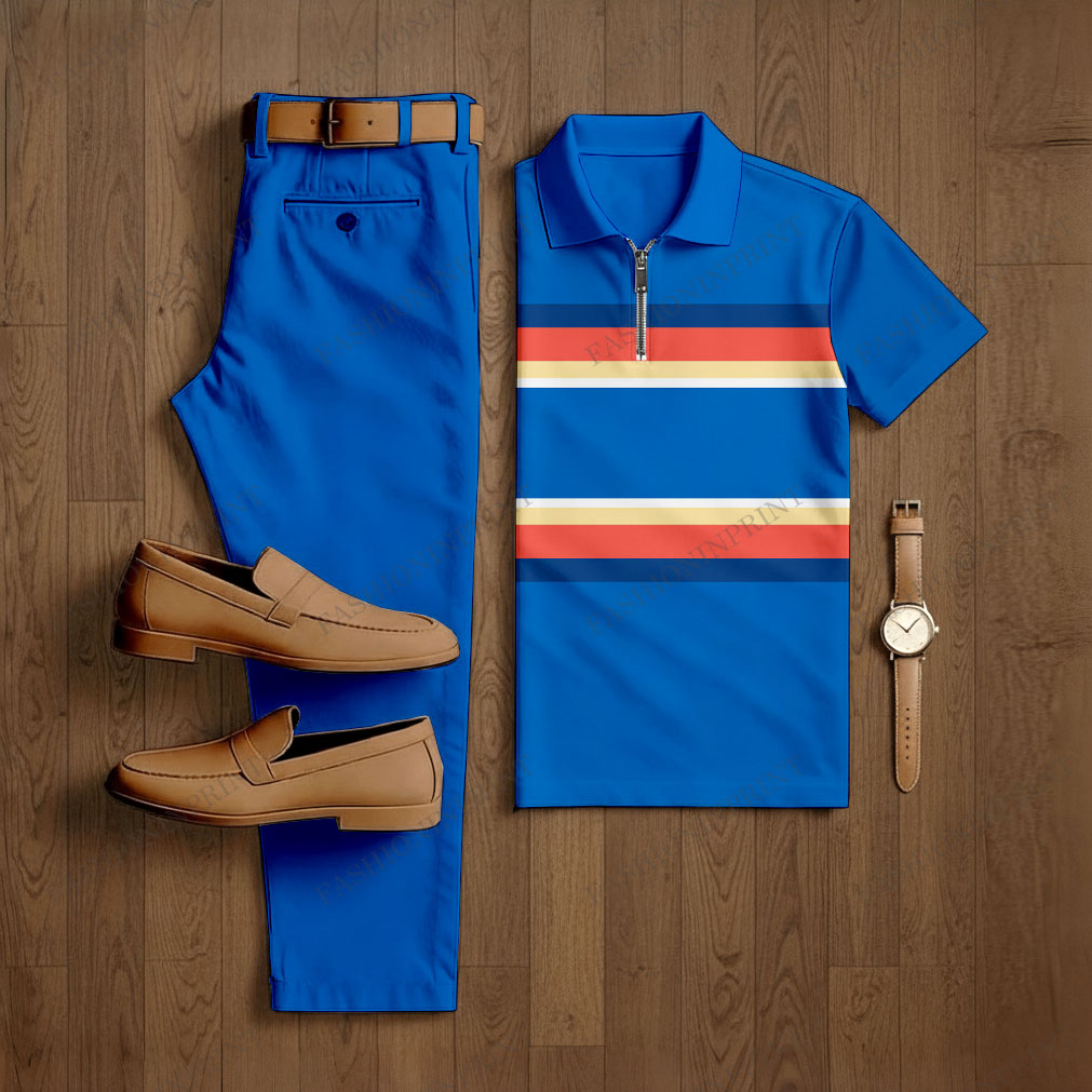 Men's Casual Blue Color Matching Striped Printed Short Sleeved Polo Shirt & Trousers Two-Piece Set