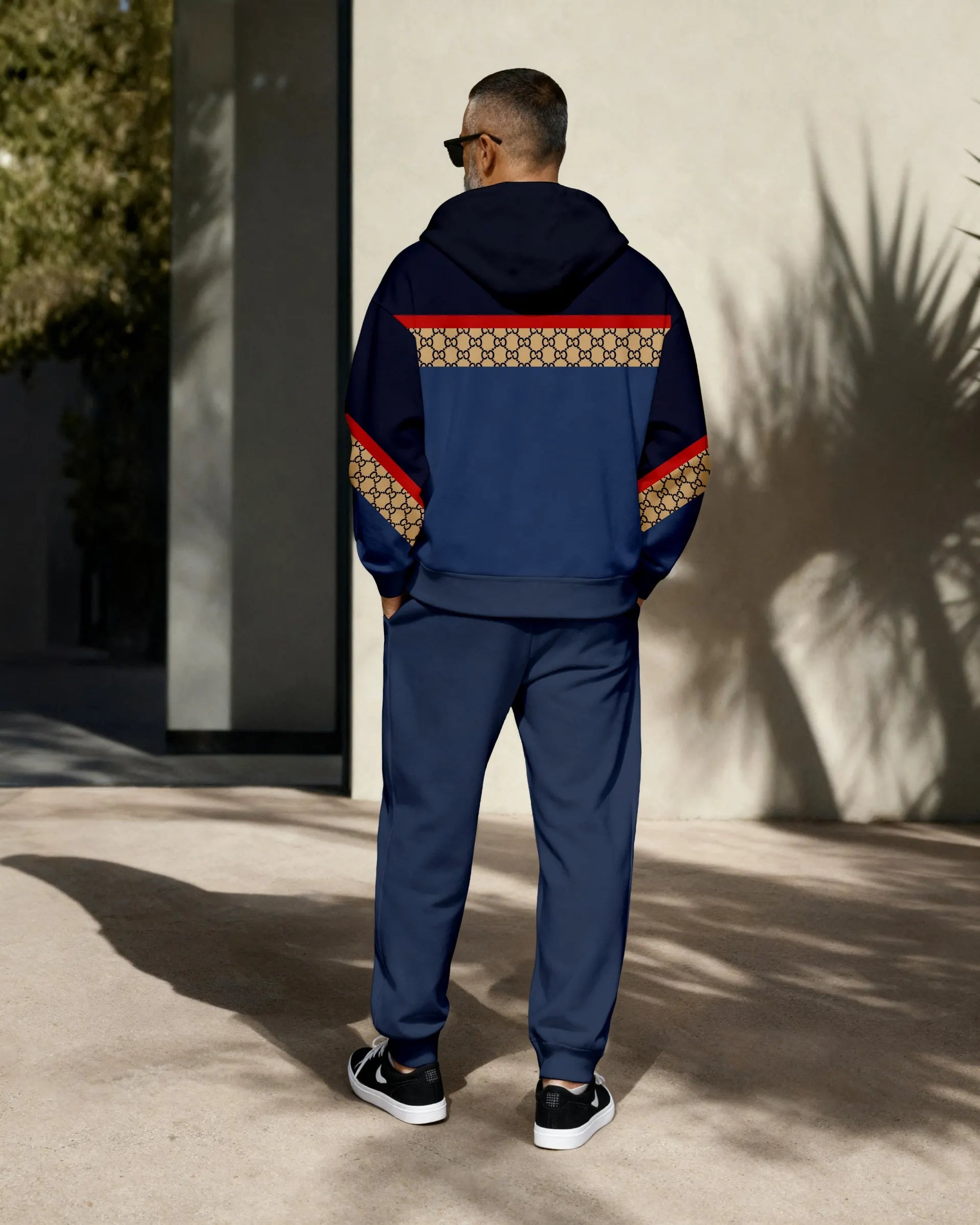 Men's Retro Luxury Thickened Fleece Colorblock Jacket Sports Hoodie Set 09