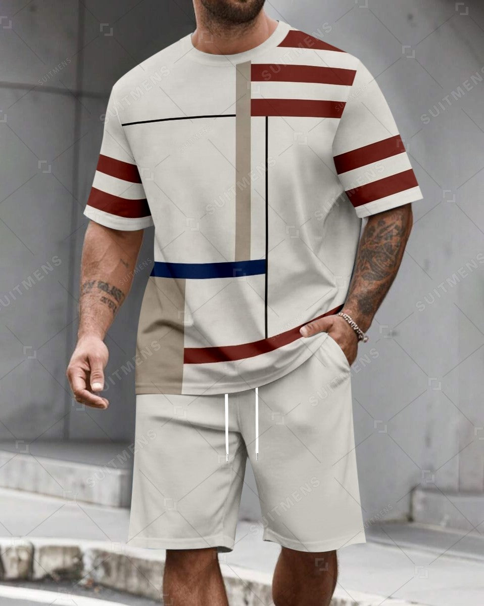 Men's Summer Colorblock Printed Round Neck Set 487