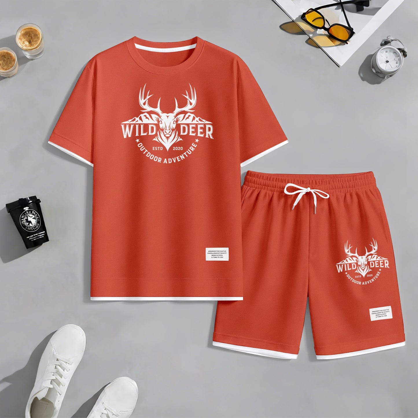 Men's Wild Deer Graphic Print Waffle Short Sleeve T-Shirt & Shorts Set, Summer Lightweight Outdoor Adventure Sporty Casual Two-Piece Outfit, Streetwear for Gym & Daily Wear