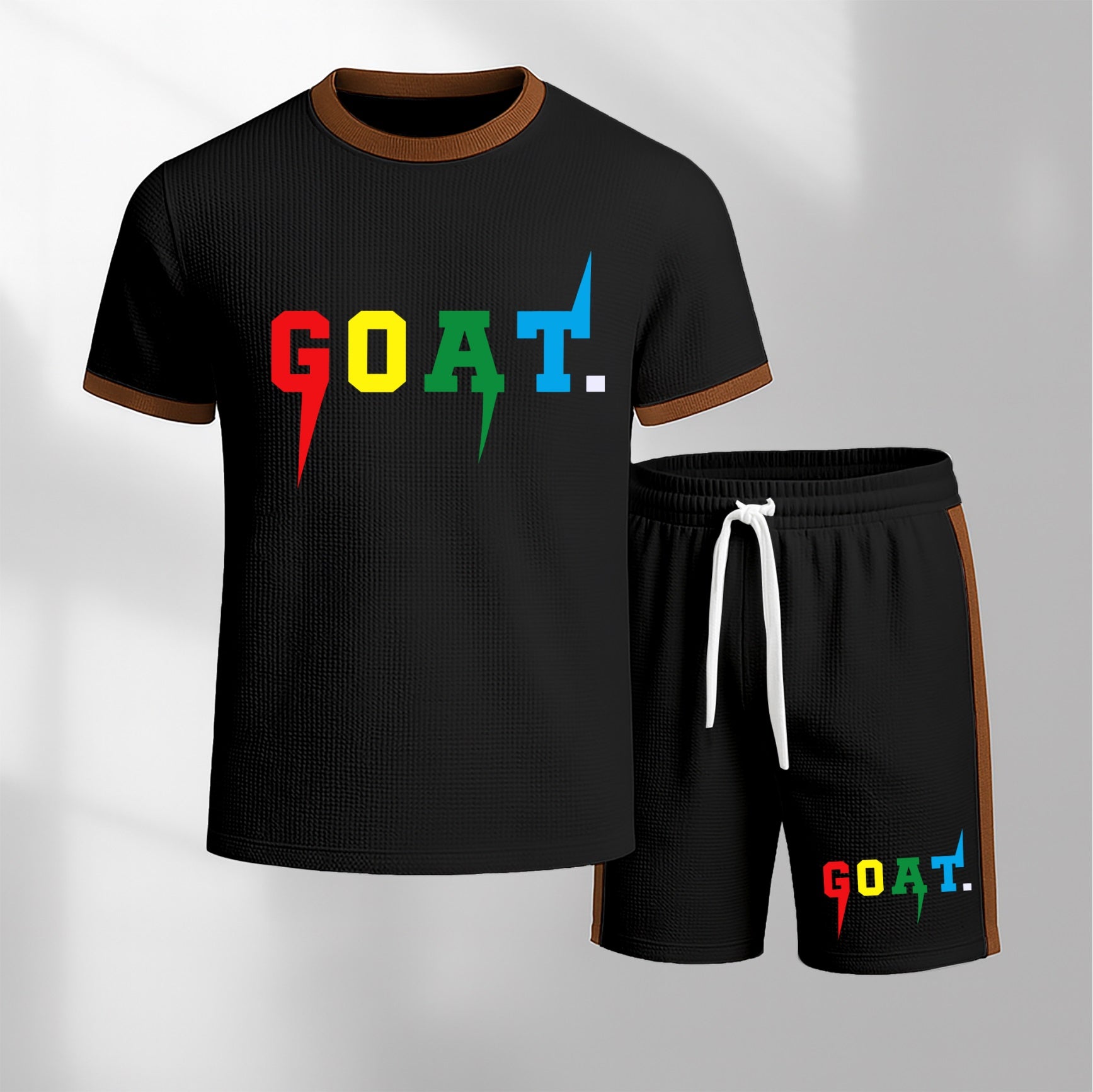 Men's Goat Pattern Short-Sleeved T-Shirt And Drawstring Shorts Set, Men's Clothing, Casual Sports Short-Sleeved Top And Shorts, Summer Men's Everyday Wear, Indoor And Outdoor Sportswear, Sports Set.