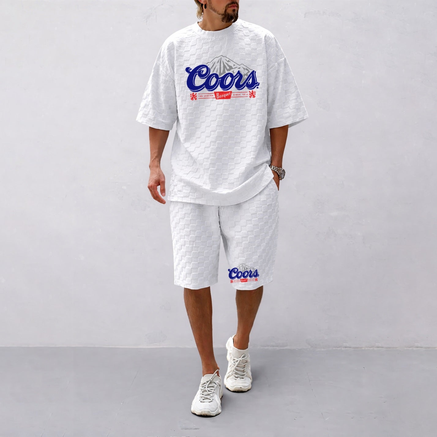 Men's Spring And Summer Vintage Beer Print With Red And Black Line Checkered Fabric Drawstring Shorts Set, Casual Summer Outfit With Short-Sleeved Shirt And Shorts, Ideal For Everyday Wear And Sports Activities