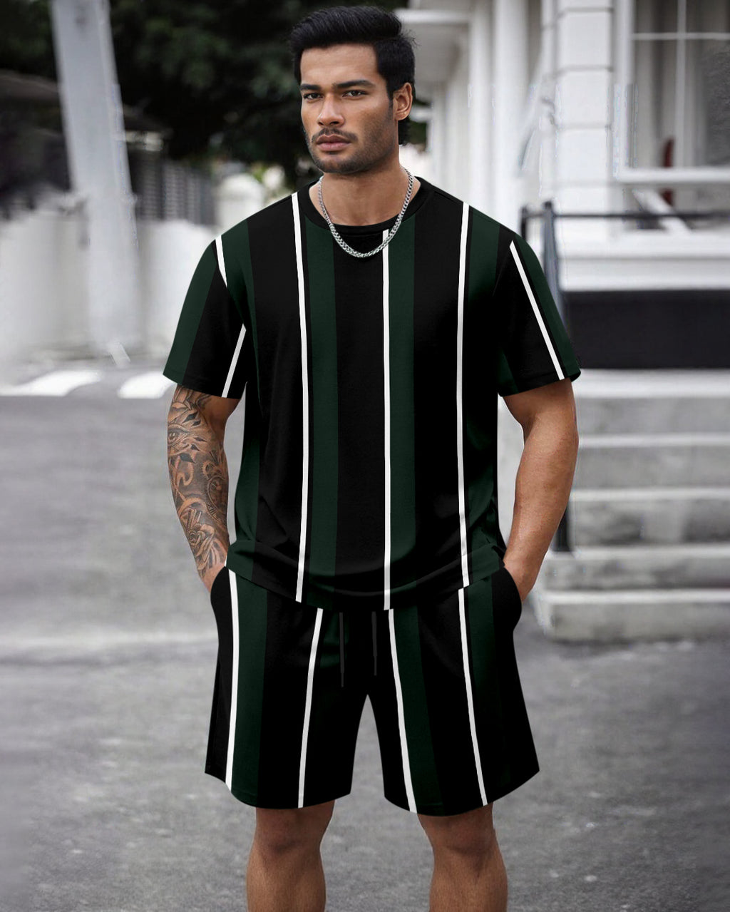 Men's Summer Colorblock Printed Round Neck Set 463