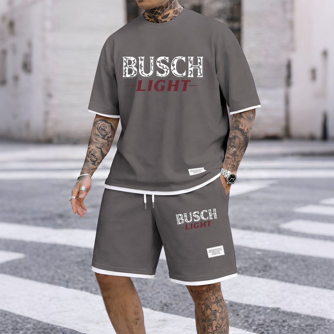 Men's Camping Beer Print Waffle Fabric Short-Sleeved Shirt And Shorts Set