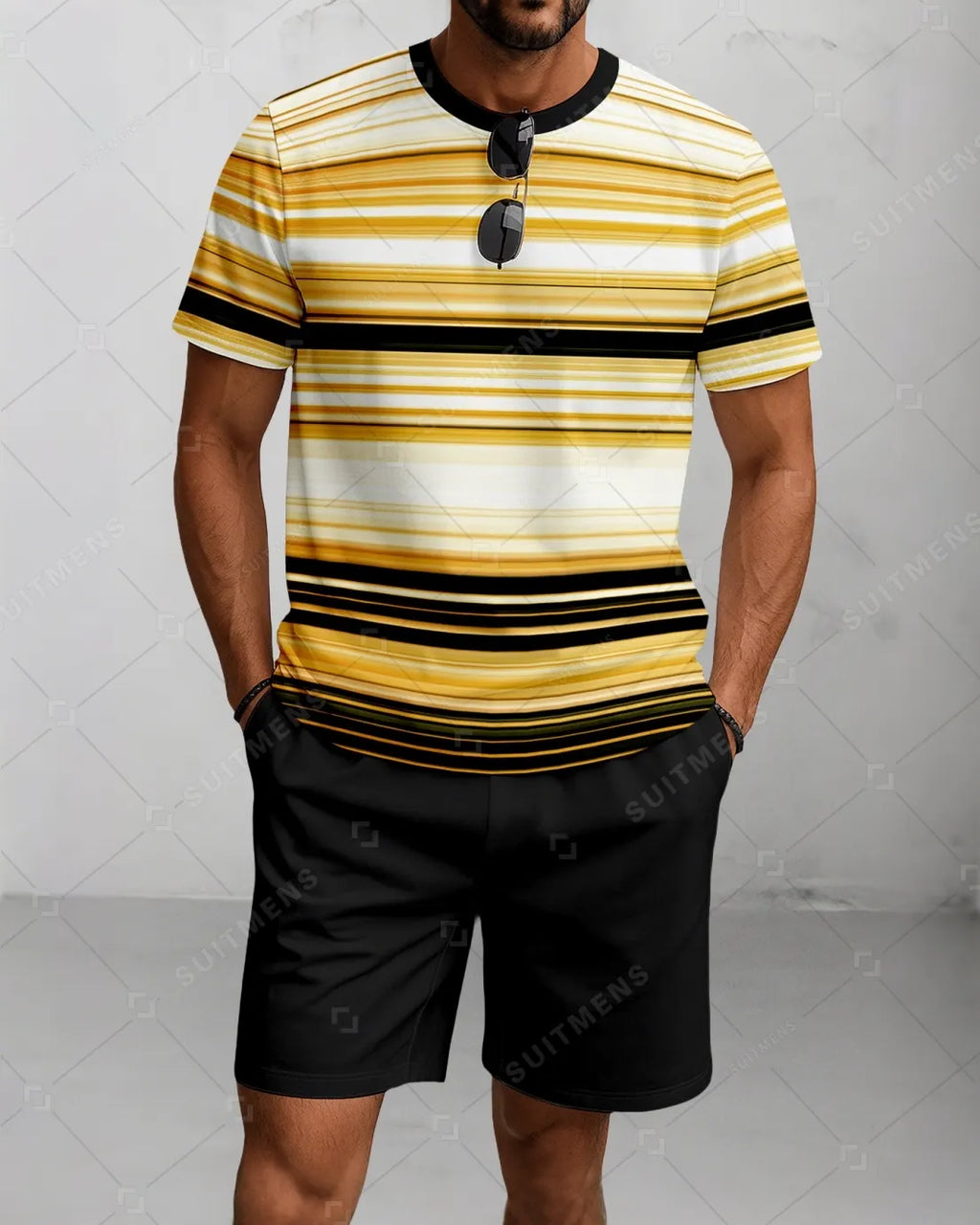 Men's Summer Colorblock Printed Round Neck Suit 081