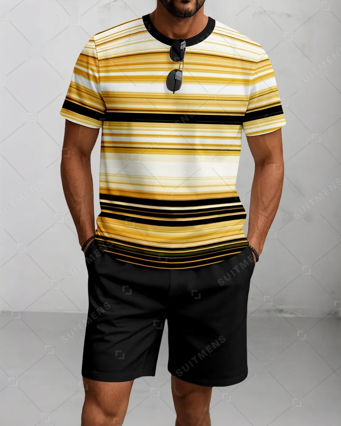 Men's Summer Colorblock Printed Round Neck Suit 081
