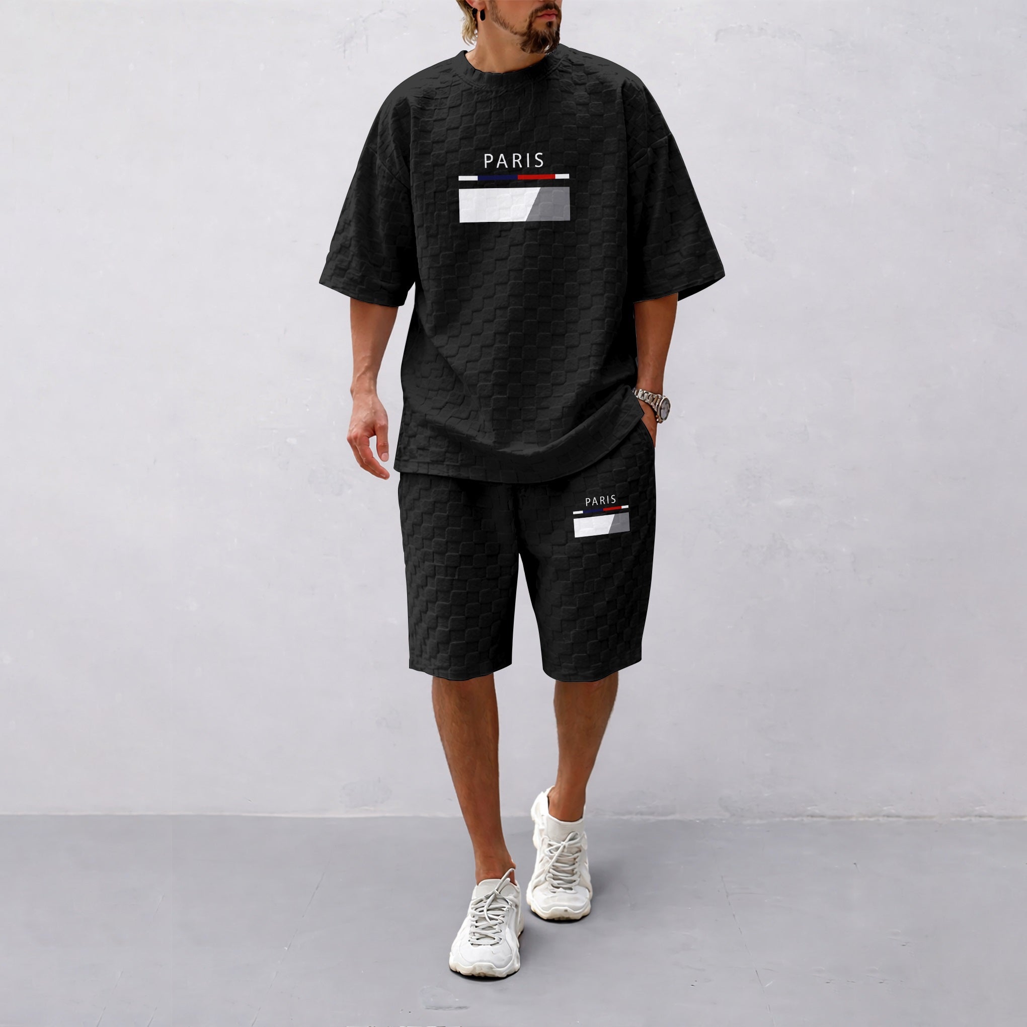 Men's Spring and Summer Paris Letter Print Checkered Fabric Drawstring Shorts Set, Casual Summer Outfit with Short-Sleeved Shirt and Shorts, Ideal for Everyday Wear and Sports Activities