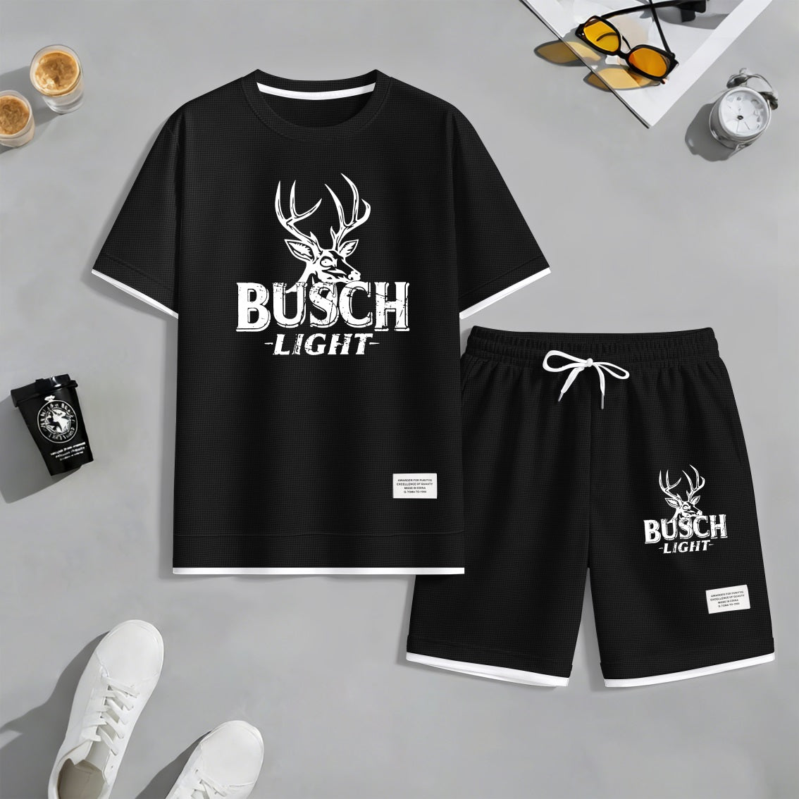 Men's Retro Outdoor Lifestyle Beer Print Waffle Fabric Short-Sleeved Shirt And Shorts Set