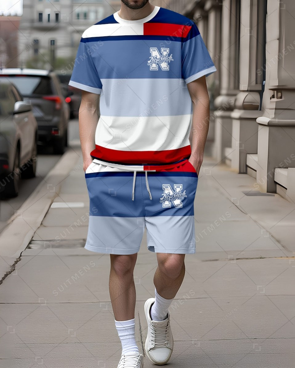 Men's Summer Colorblock Printed Round Neck Set 278
