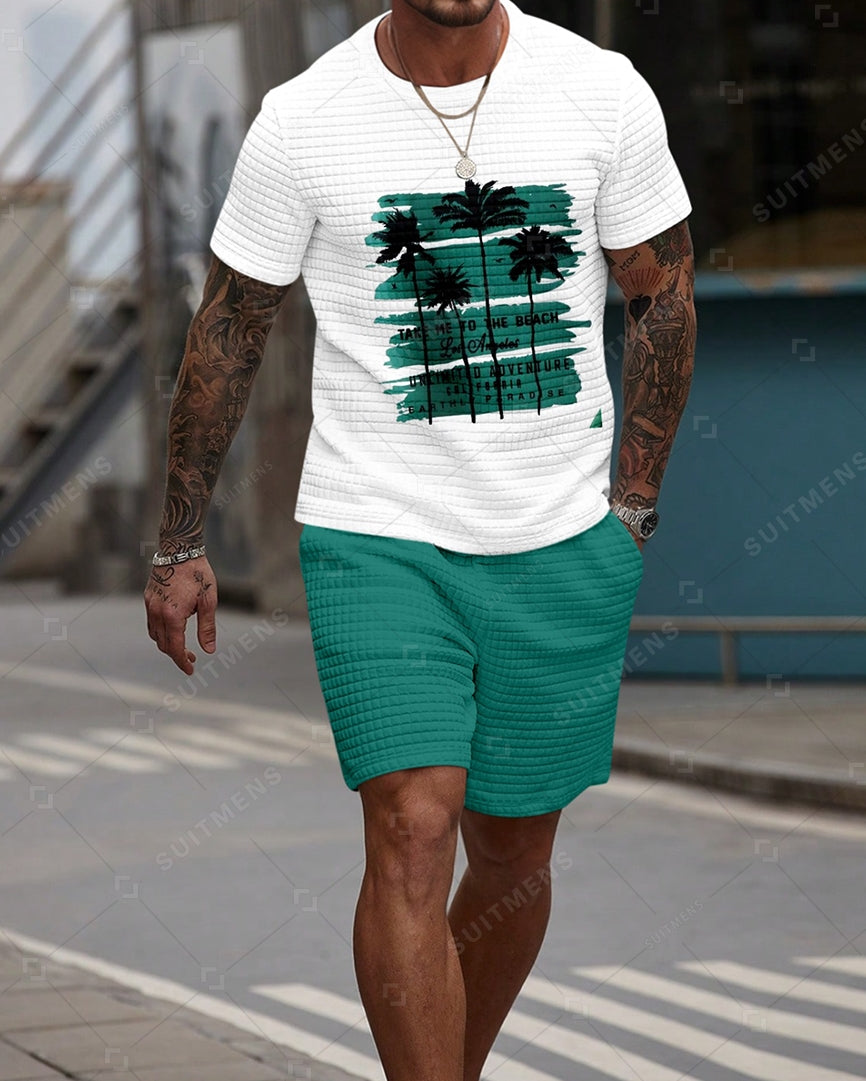 Men's Casual Waffle Textured Summer Round Neck Short Sleeve Shorts Set 0013