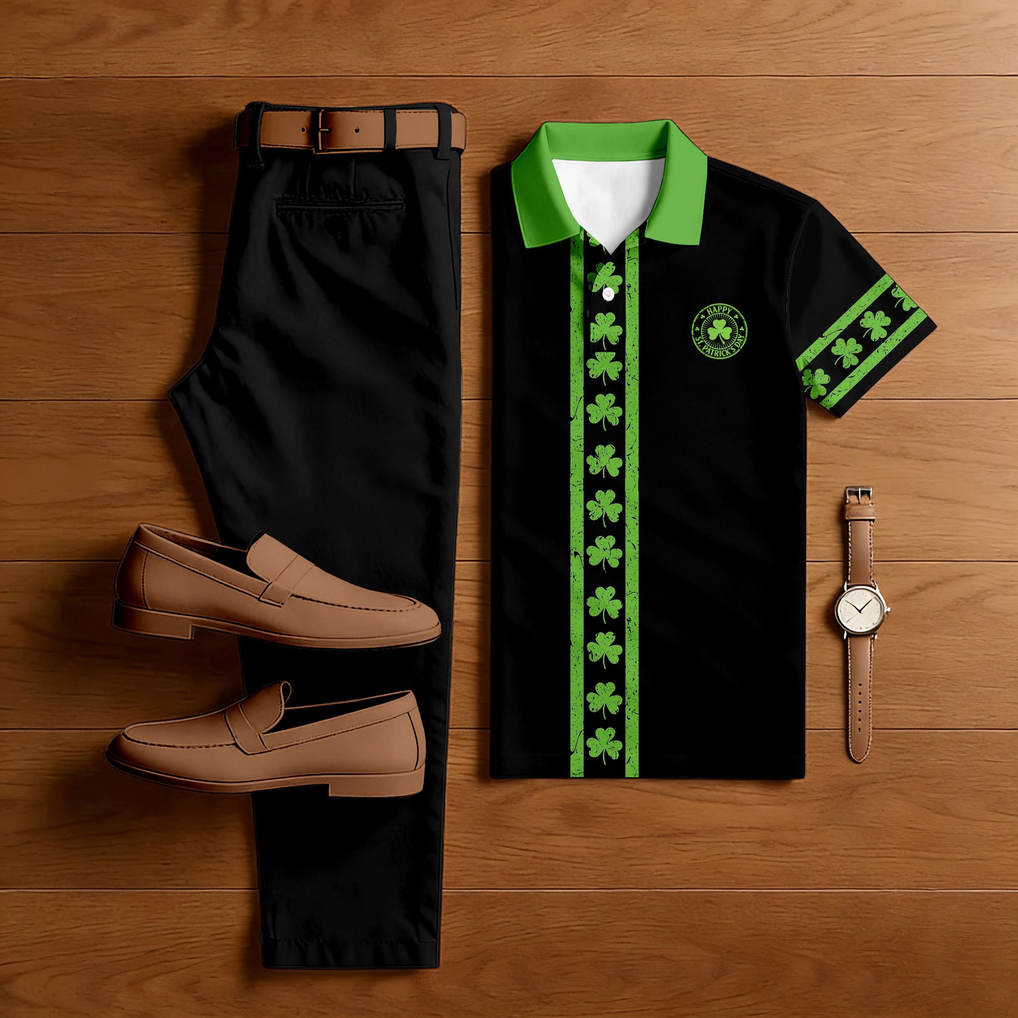Men's Casual Green & Black Color Matching St. Patrick's Day Checkered Printed Short Sleeved Polo Shirt & Trousers Two-Piece Set