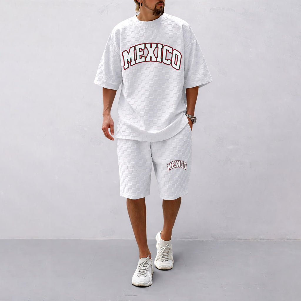 Men's Spring/Summer Mexican-Print Plaid Drawstring Shorts Set—A casual summer outfit featuring a short-sleeve shirt and shorts, ideal for both everyday wear and athletic activities