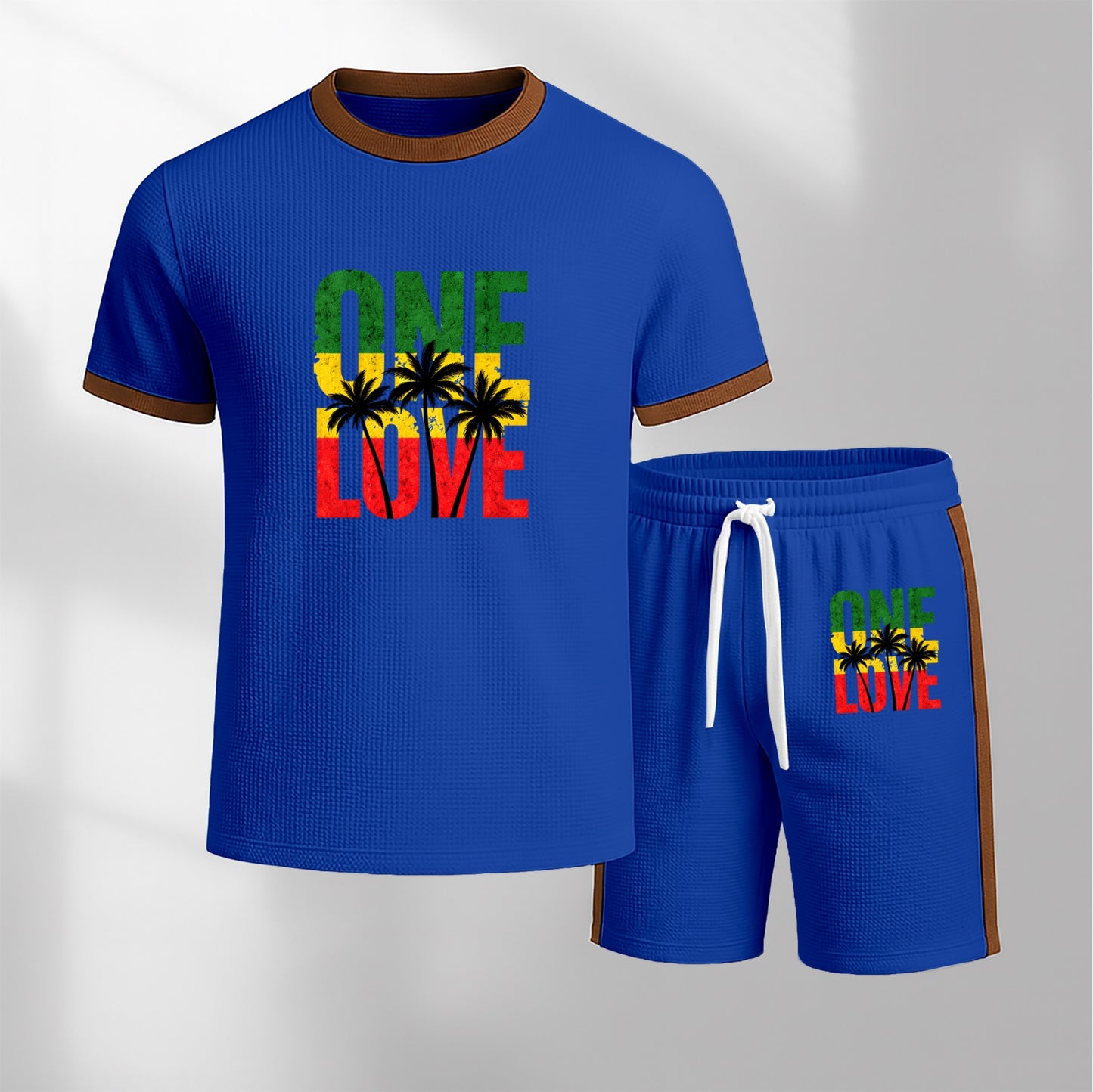 Men's Pattern Short-Sleeve T-Shirt and Drawstring Shorts Set, Men's Clothing, Casual Sporty Short-Sleeve Top and Shorts, Summer Men's Everyday Wear, Indoor and Outdoor Sportswear, Athletic Set