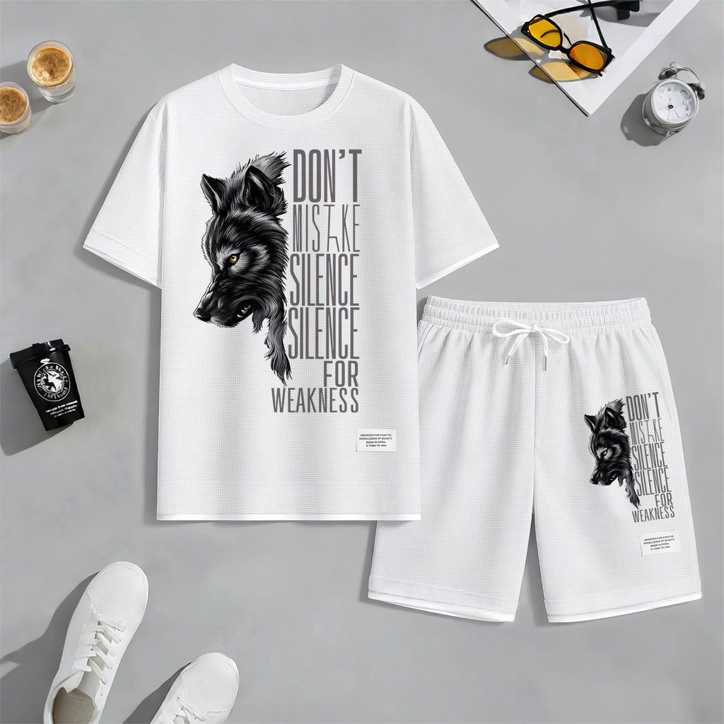 Men's Howling Wolf & "Don't Mistake Silence For Weakness" Quote Graphic Print Waffle Short Sleeve T-Shirt & Shorts Set, Summer Lightweight Casual Sporty Two-Piece Outfit