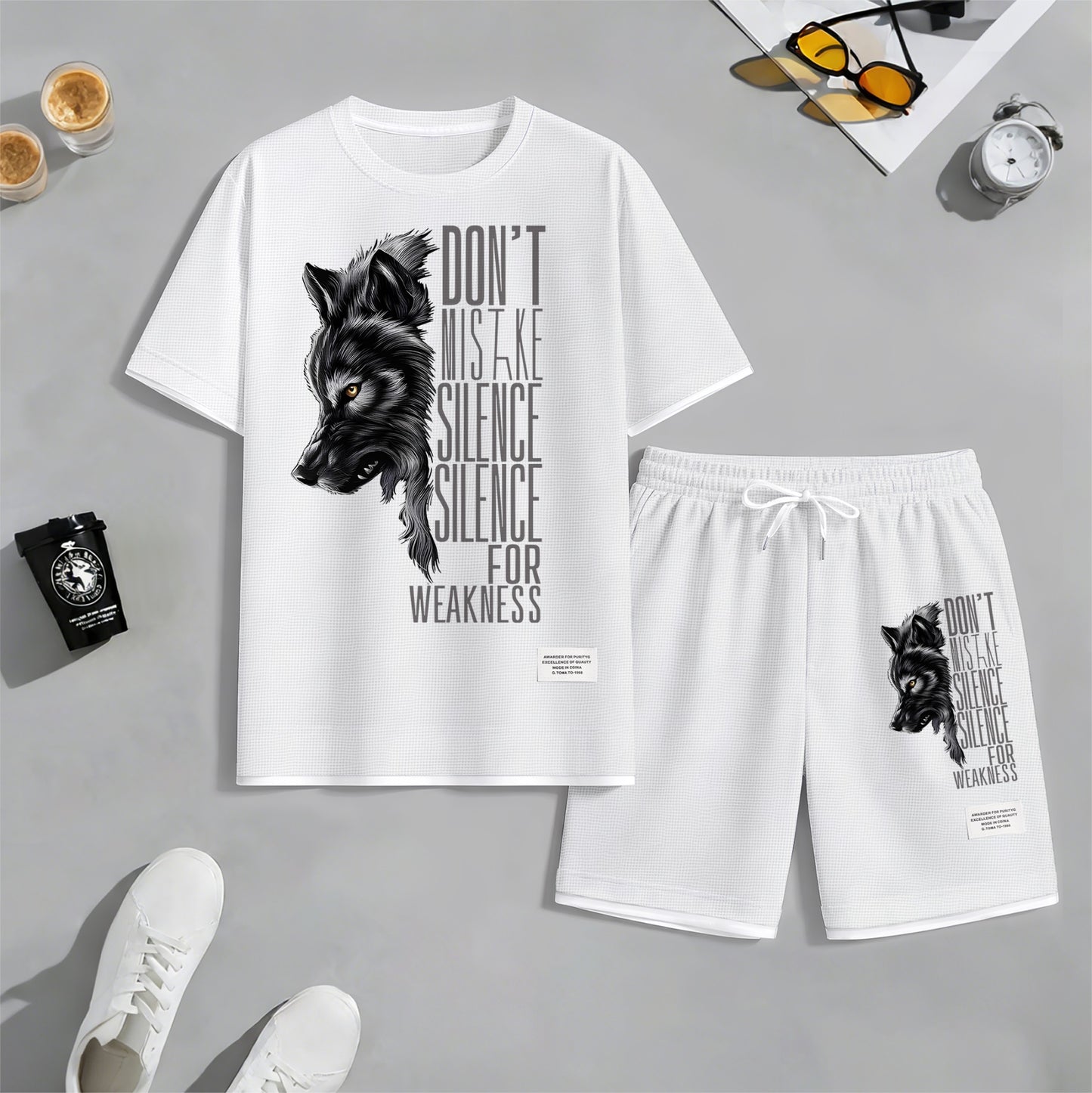 Men's Howling Wolf & "Don't Mistake Silence For Weakness" Quote Graphic Print Waffle Short Sleeve T-Shirt & Shorts Set, Summer Lightweight Casual Sporty Two-Piece Outfit