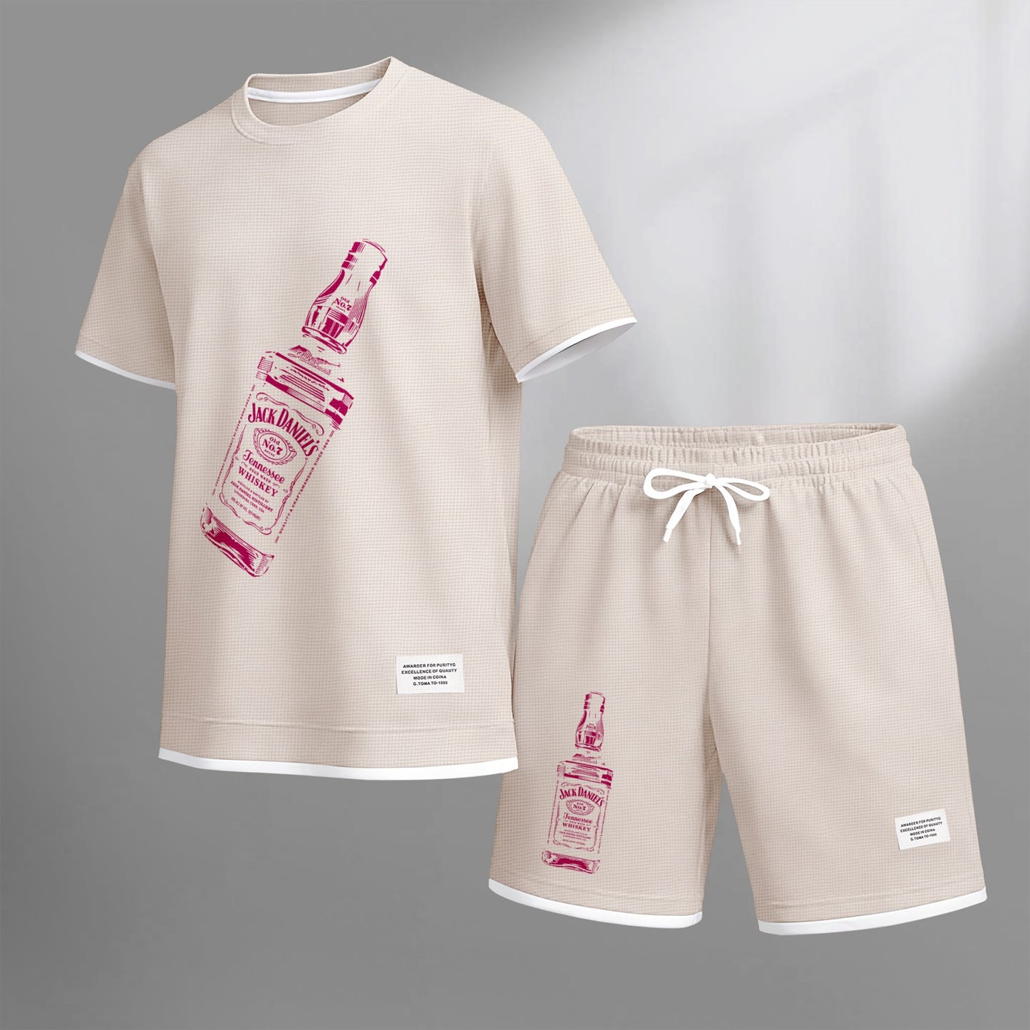 Men's Beer And Beverage Printed Drawstring Shorts Set, Suitable For Spring And Summer Wear, Casual Summer Set, Including Short-Sleeved Shirt And Shorts, Suitable For Everyday Wear And Sports 07