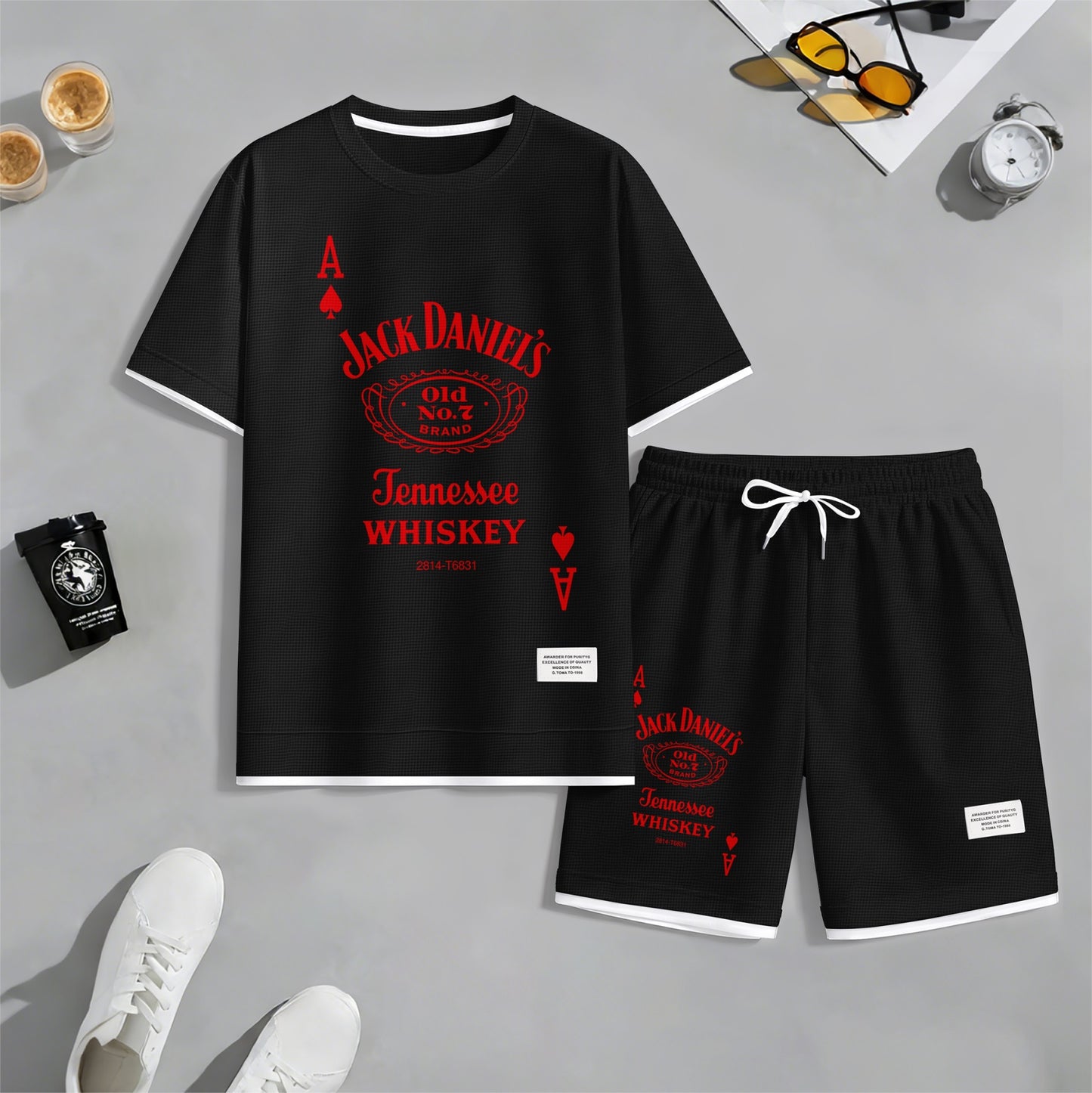 Men's Beer And Beverage Printed Drawstring Shorts Set, Suitable For Spring And Summer Wear, Casual Summer Set, Including Short-Sleeved Shirt And Shorts, Suitable For Everyday Wear And Sports 013