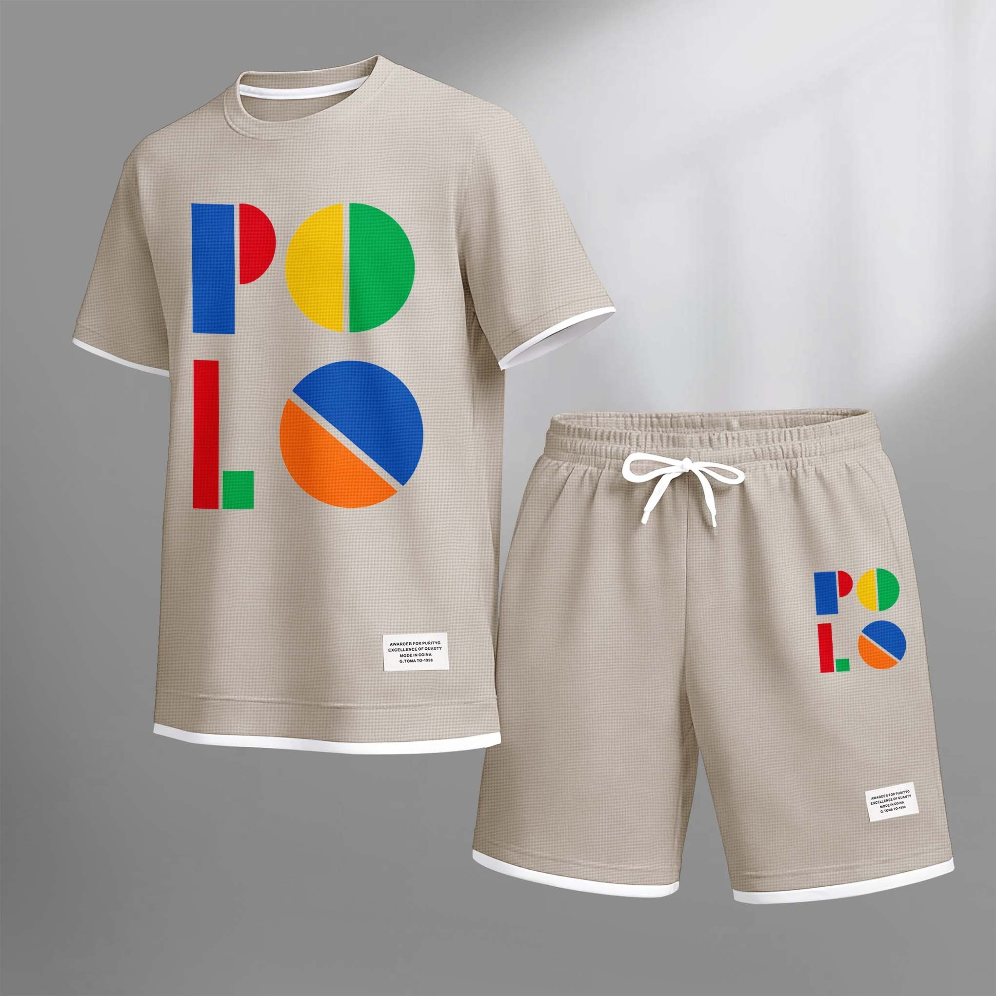 Men's Color Polo Print Drawstring Shorts Set For Spring/Summer. A Casual Summer Outfit, Including A Short-Sleeved Shirt And Shorts, Suitable For Everyday Wear And Sports. A Two-Piece Set For A Relaxed And Energetic Lifestyle.