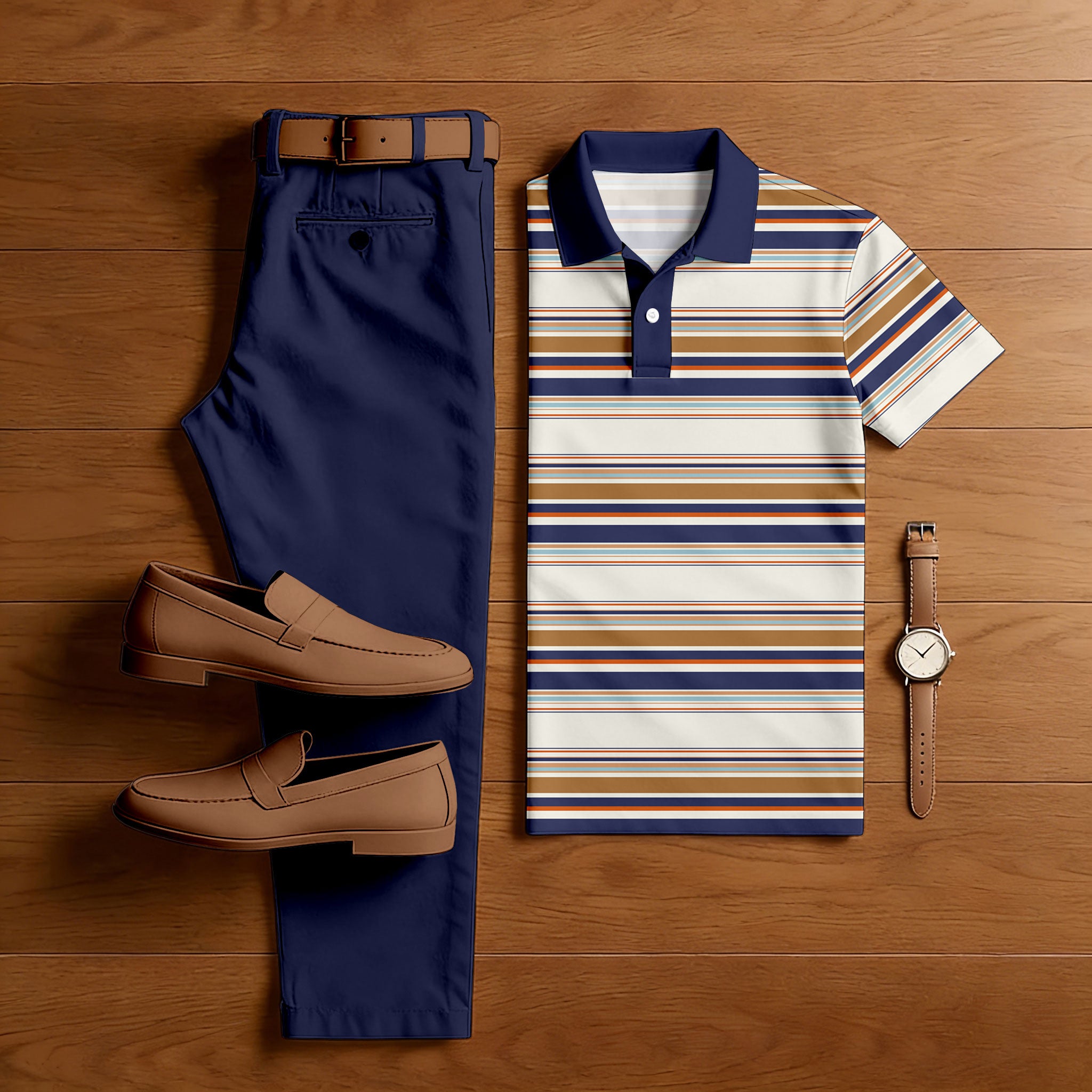Men's Casual Navy Blue & Beige Color Matching Striped Printed Short Sleeved Polo Shirt & Trousers Two-Piece Set
