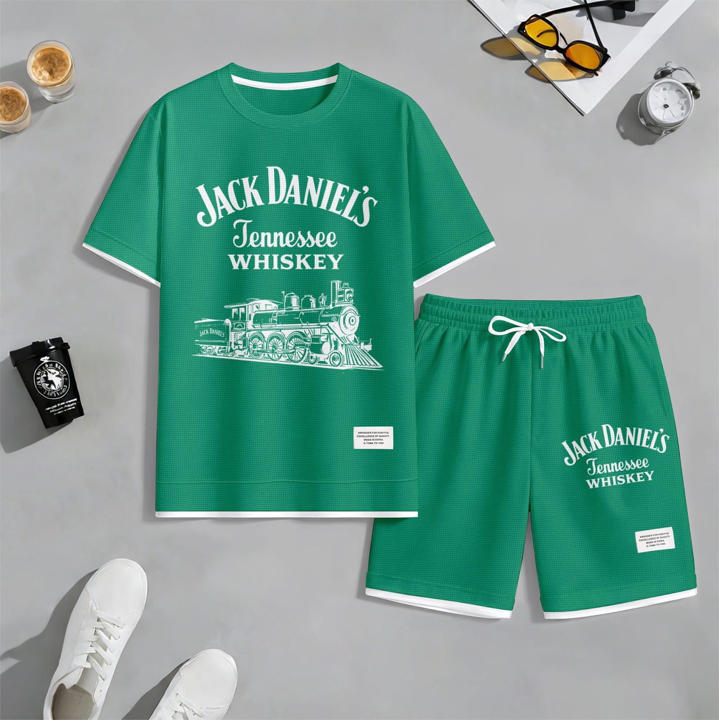 Men's Beer Print Drawstring Shorts Set, Suitable For Spring And Summer Wear, Casual Summer Set, Including Short-Sleeved Shirt And Shorts, Suitable For Everyday Wear And Sports.
