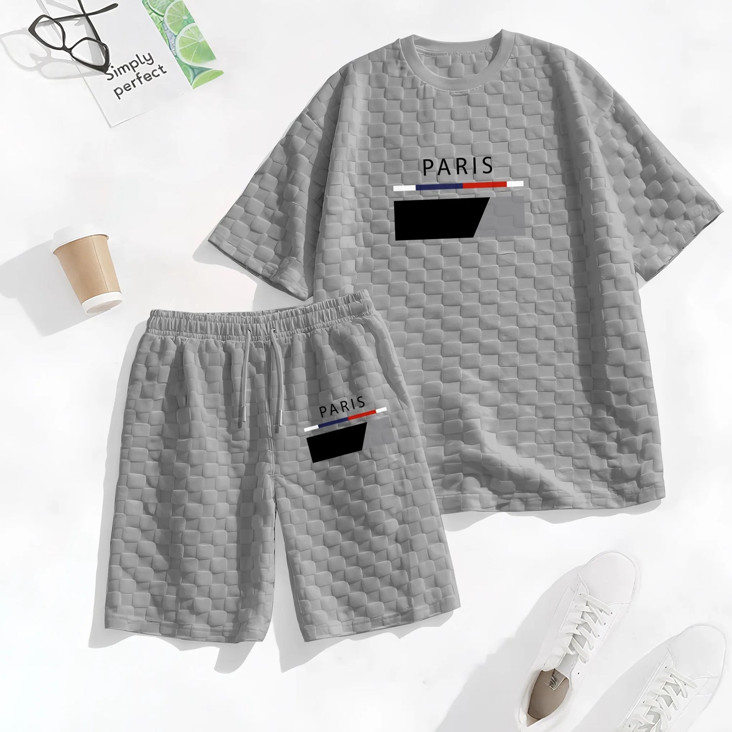 Men's Spring and Summer Paris Letter Print Checkered Fabric Drawstring Shorts Set, Casual Summer Outfit with Short-Sleeved Shirt and Shorts, Ideal for Everyday Wear and Sports Activities
