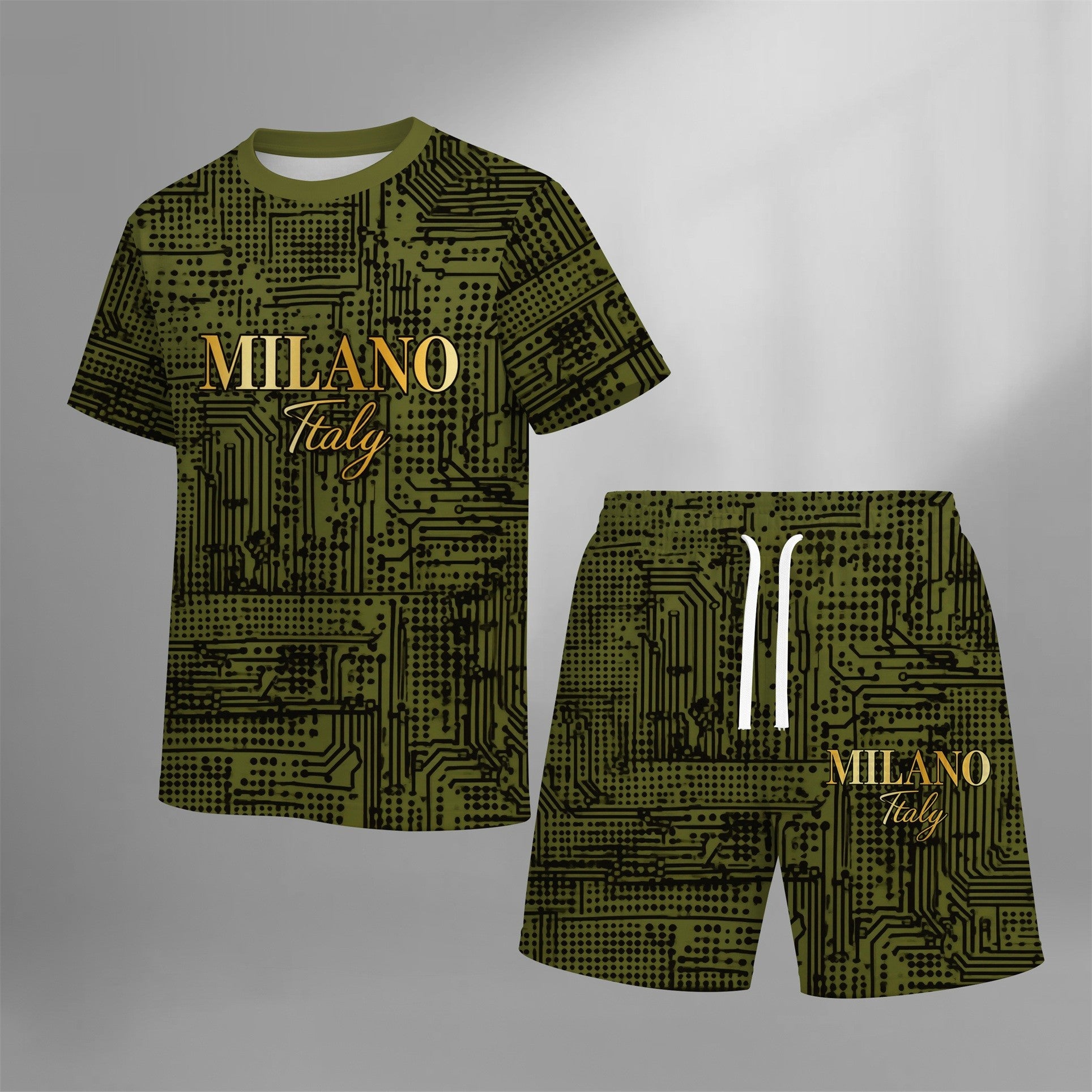 Men’s MILANO Graphic 2 Piece Outfit, Short Sleeve Tee and Drawstring Shorts Set, Breathable Casual Summer Set for Gym, Running, Vacation, Beach and Outdoor