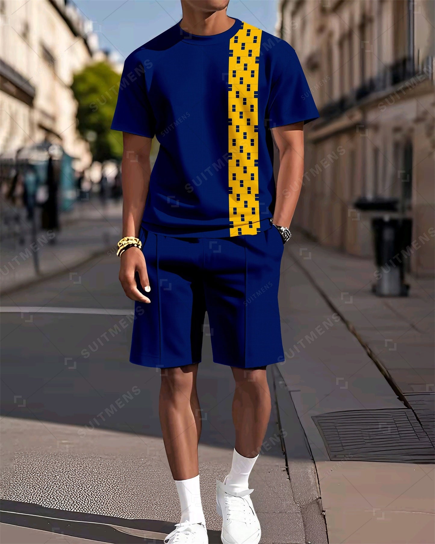 Men's Colorblock Printed Casual Summer Round Neck Set 2036