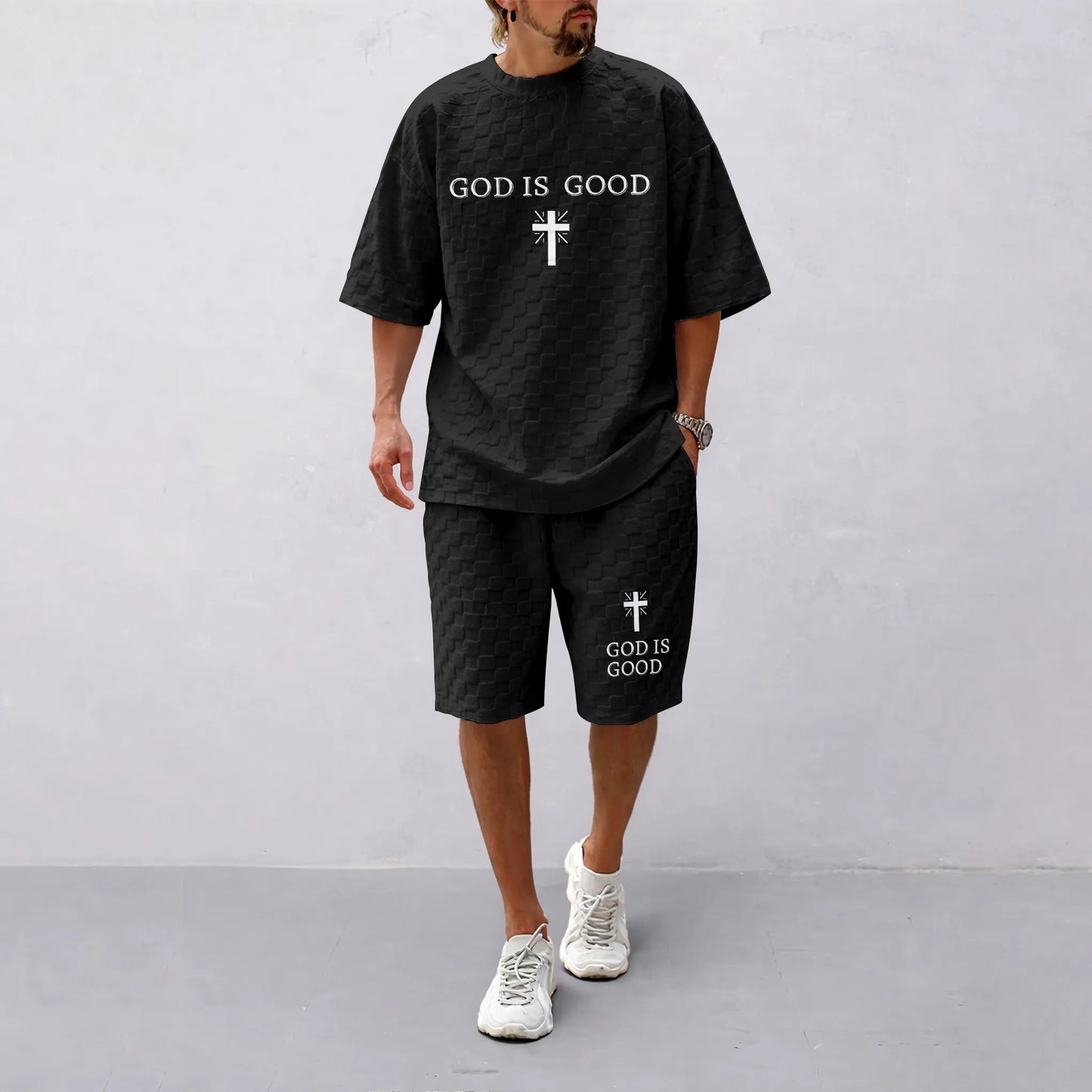 Men's Spring and Summer God is Good Letter Print Checkered Fabric Drawstring Shorts Set, Casual Summer Outfit with Short-Sleeved Shirt and Shorts, Ideal for Everyday Wear and Sports Activities