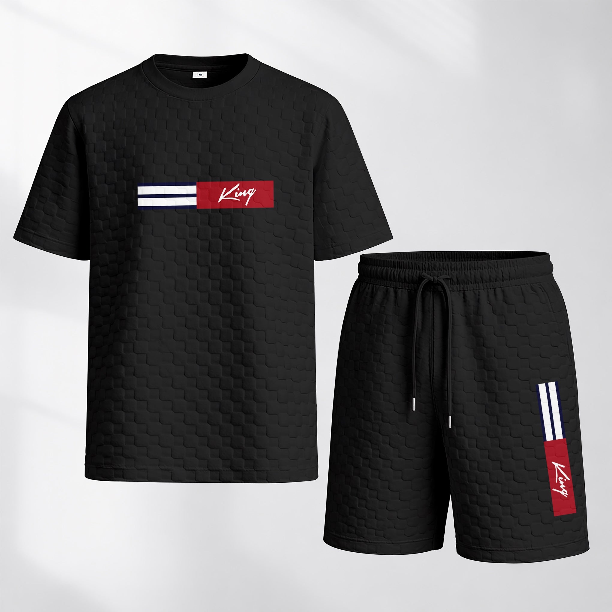 Men's Spring and Summer 'King' Letter Print Checkered Fabric Drawstring Shorts Set, Casual Summer Outfit with Short-Sleeved Shirt and Shorts, Ideal for Everyday Wear and Sports Activities