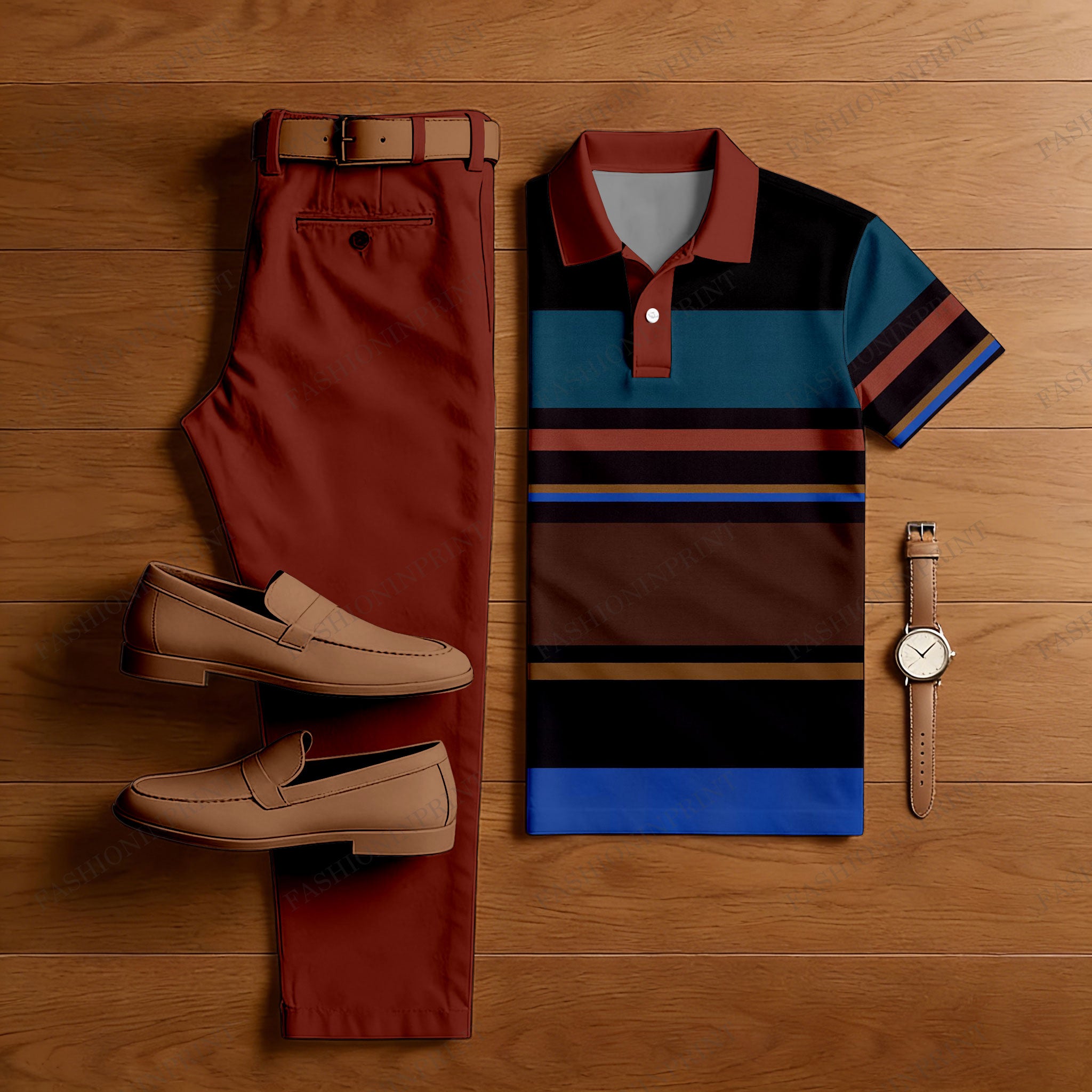 Men's Casual Red Brown & Multi Color Matching Striped Printed Short Sleeved Polo Shirt & Trousers Two-Piece Set