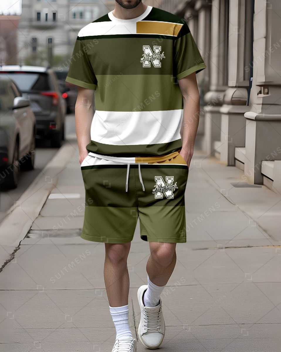 Men's Summer Colorblock Printed Round Neck Set 278
