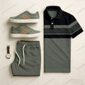 Men's Casual Khaki Green & Black Color Matching Striped Printed Short Sleeved Polo Shirt & Trousers Two-Piece Set