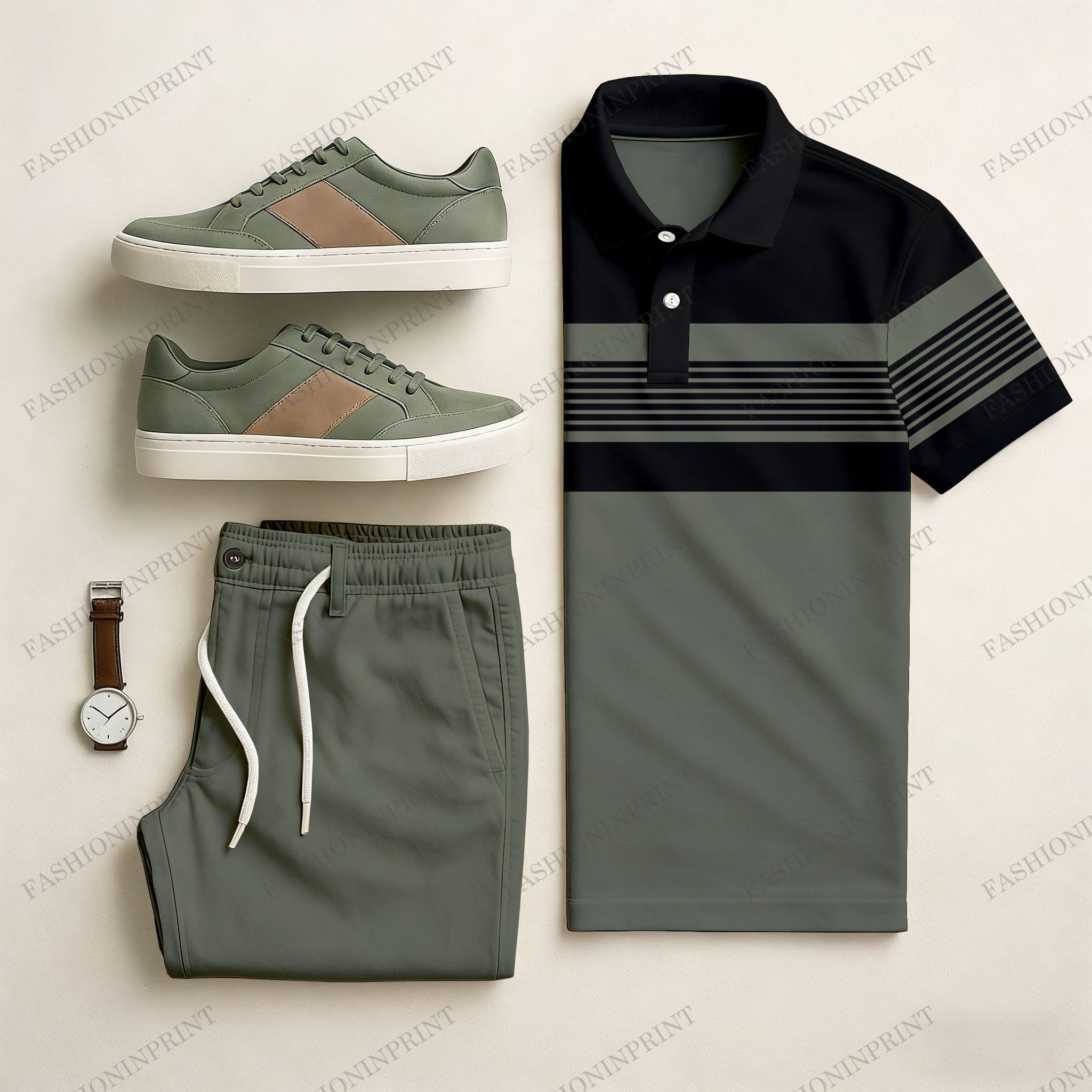 Men's Casual Khaki Green & Black Color Matching Striped Printed Short Sleeved Polo Shirt & Trousers Two-Piece Set