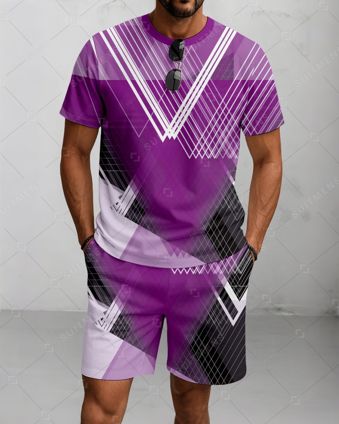 Men's Summer Colorblock Printed Round Neck Suit 071