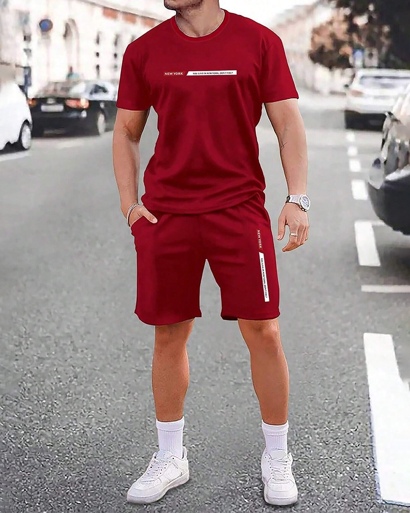 Manfinity Homme Men Letter Graphic Tee & Drawstring Waist Shorts Set