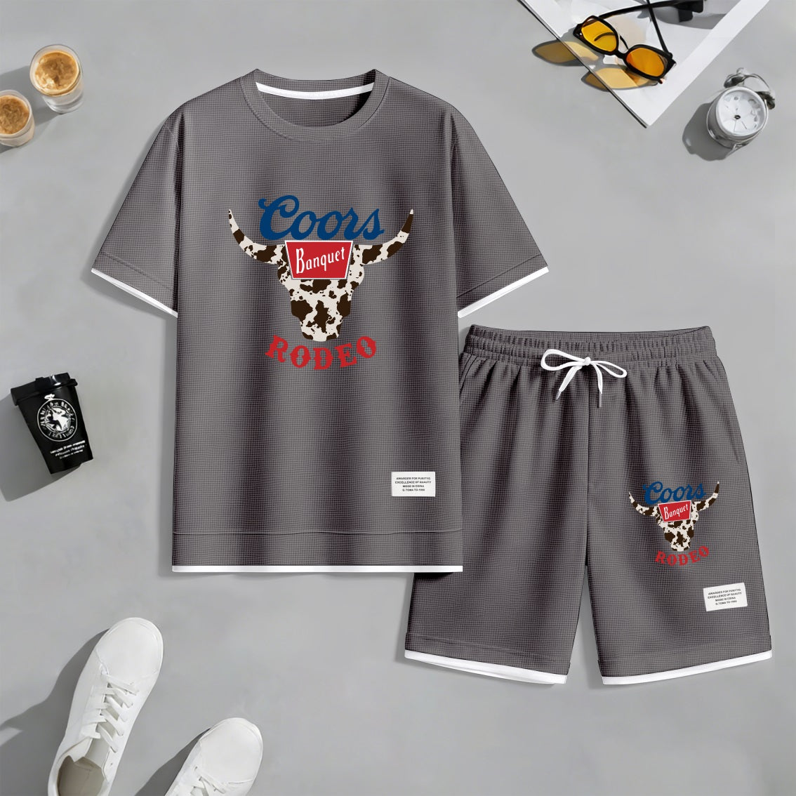 Men's Vintage Alpine Beer Print Waffle Fabric Short-Sleeved Shirt And Shorts Set