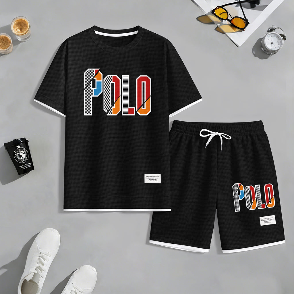 Men's Retro Cool Letter Print Short Sleeve T-Shirt & Shorts Set, Summer Lightweight Waffle Sporty Casual Two-Piece Outfit, Streetwear for Gym & Daily Wear
