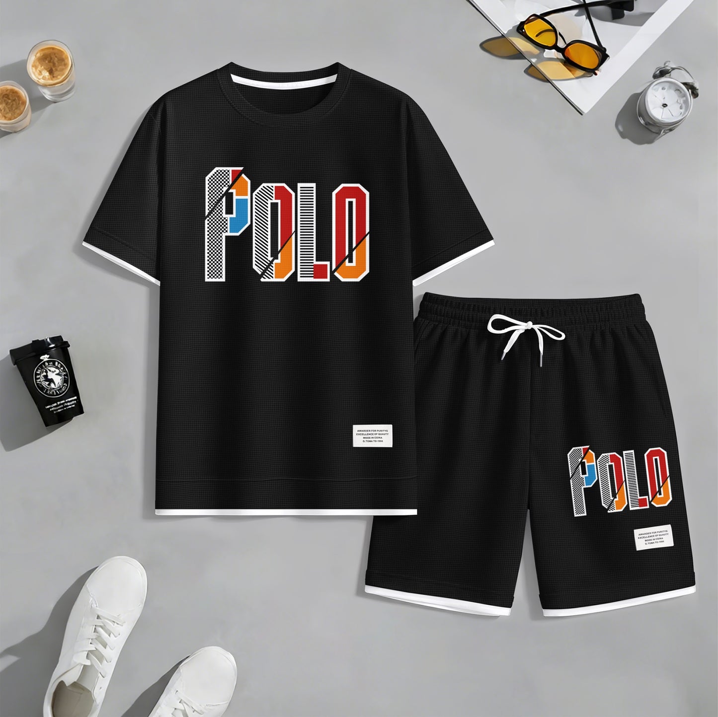 Men's Retro Cool Letter Print Short Sleeve T-Shirt & Shorts Set, Summer Lightweight Waffle Sporty Casual Two-Piece Outfit, Streetwear for Gym & Daily Wear