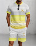Men's Summer Colorblock Printed Round Neck Suit 078