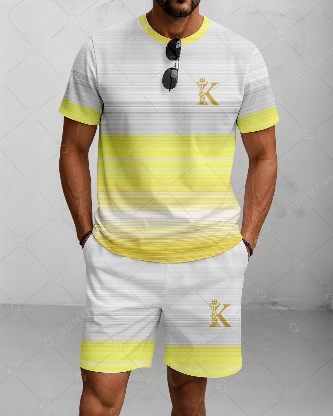 Men's Summer Colorblock Printed Round Neck Suit 078