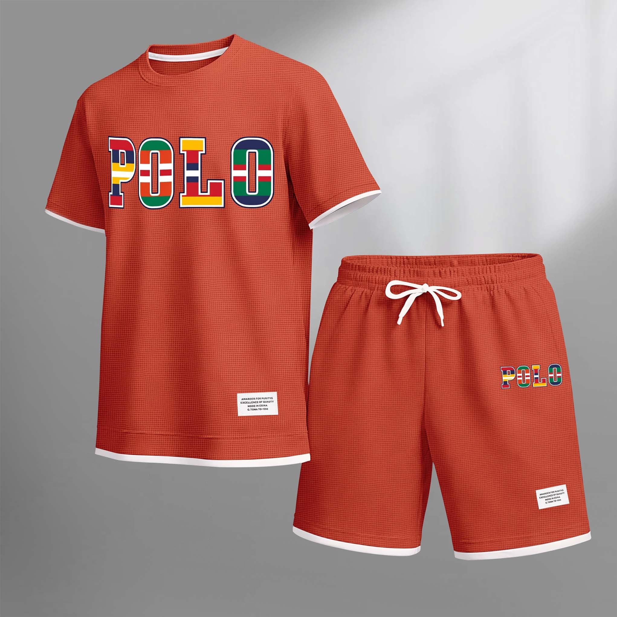 Men's Polo Print Drawstring Shorts Set For Spring/Summer. A Casual Summer Outfit, Including A Short-Sleeved Shirt And Shorts, Suitable For Everyday Wear And Sports. A Two-Piece Set For A Relaxed And Energetic Lifestyle.