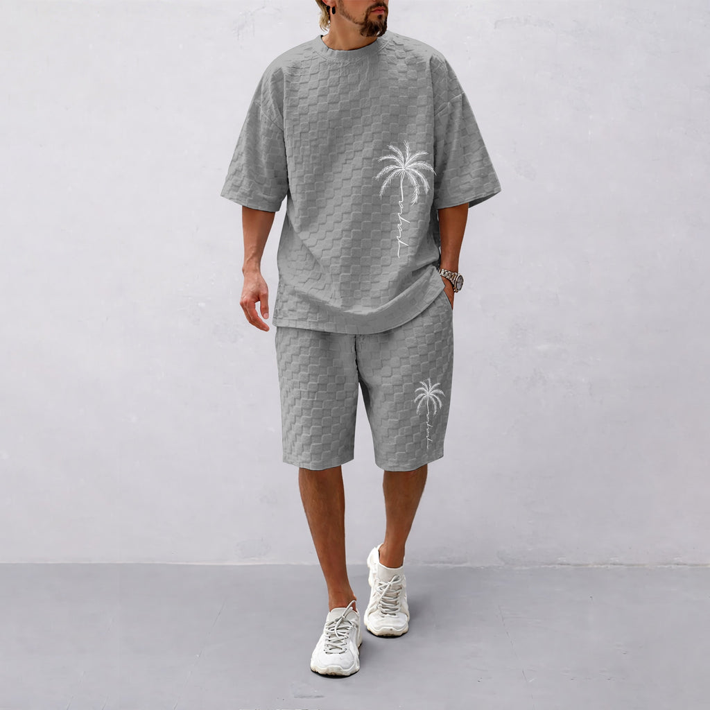 Men's Spring and Summer Palm Tree Print Checkered Fabric Drawstring Shorts Set, Casual Summer Outfit with Short-Sleeved Shirt and Shorts, Ideal for Everyday Wear and Sports Activities.