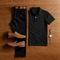 Men's Casual Black Short Sleeved Polo Shirt & Trousers Two-Piece Set