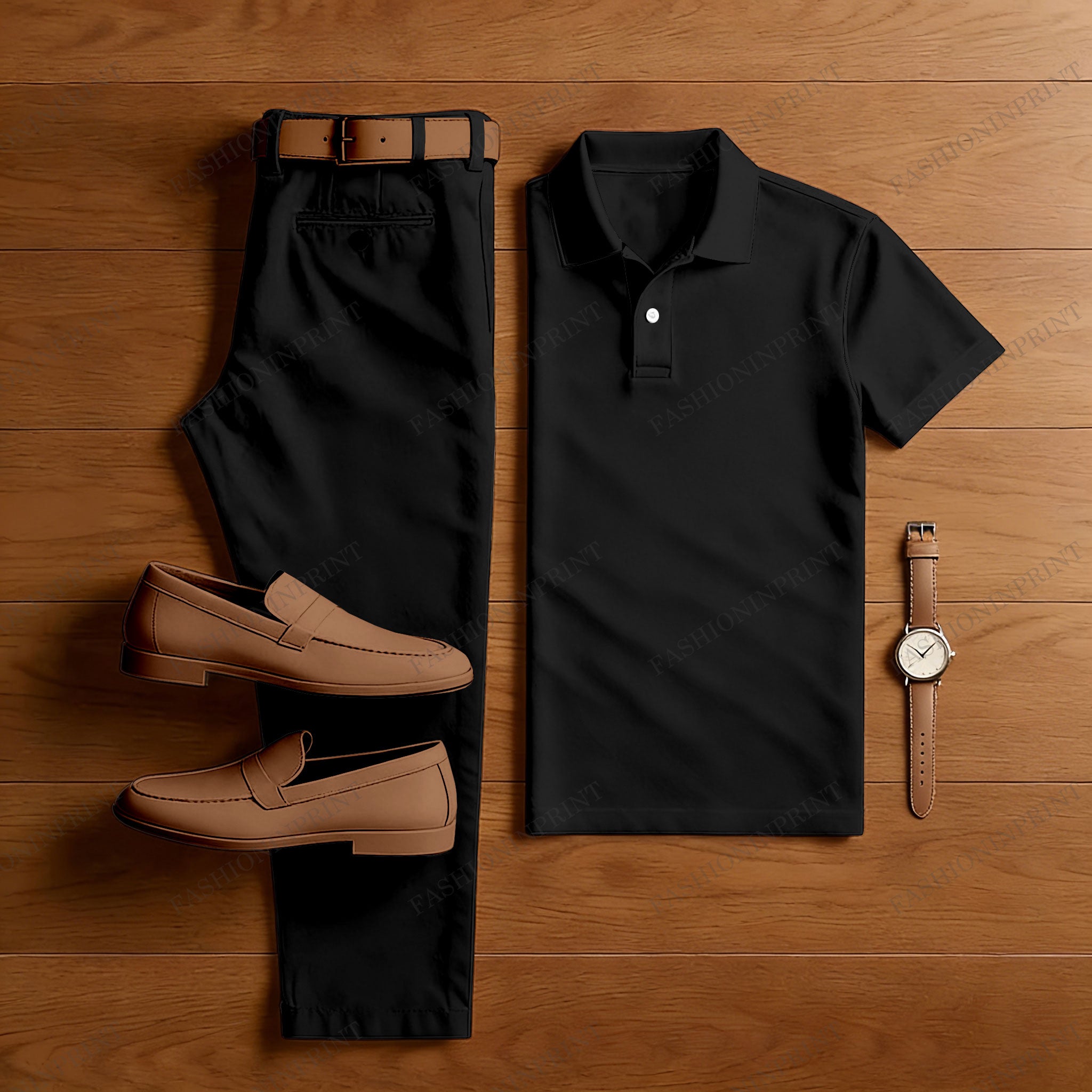 Men's Casual Black Short Sleeved Polo Shirt & Trousers Two-Piece Set